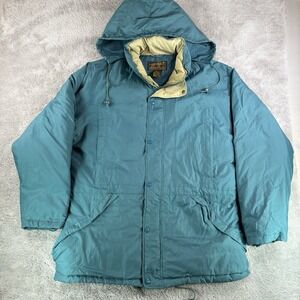Eddie Bauer Goose Down Hooded Parka Jacket Mens L Teal Vintage Outdoor Coat-READ